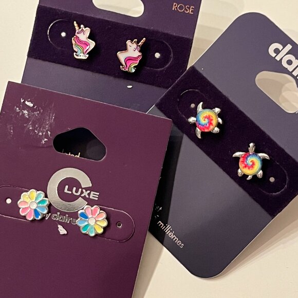 Claire’s & Luxe by Claire’s Colorful Stud Earrings Set – 3 Pairs! 🌸🐢🦄 (w/x) - Picture 8 of 12